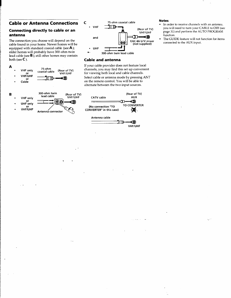 Cable or antenna connections c, Connecting directly to cable or an antenna, Notes | Cable and antenna, Cable or antenna connections | Sony KV-32V68 User Manual | Page 7 / 45