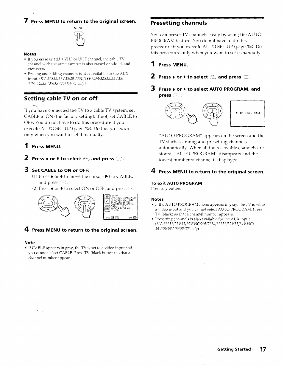 Setting cable tv on or off, 1 press menu, 2 press ♦ or ♦ to select and press | 3 set cable to on or off, 2 press ♦ or ♦ to select cb, and press cc, 4 press menu to return to the original screen, Presetting channels | Sony KV-27S25 User Manual | Page 17 / 42
