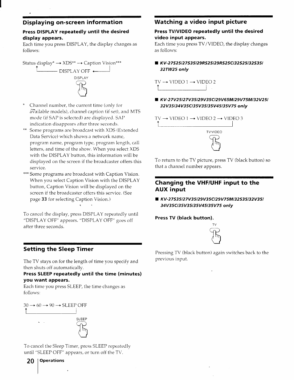 Displaying on-screen information, Watching a video input picture, Changing the vhf/uhf input to the aux input | Press tv (black button), Setting the sleep timer, 1_________________________i | Sony KV-27S25 User Manual | Page 20 / 42
