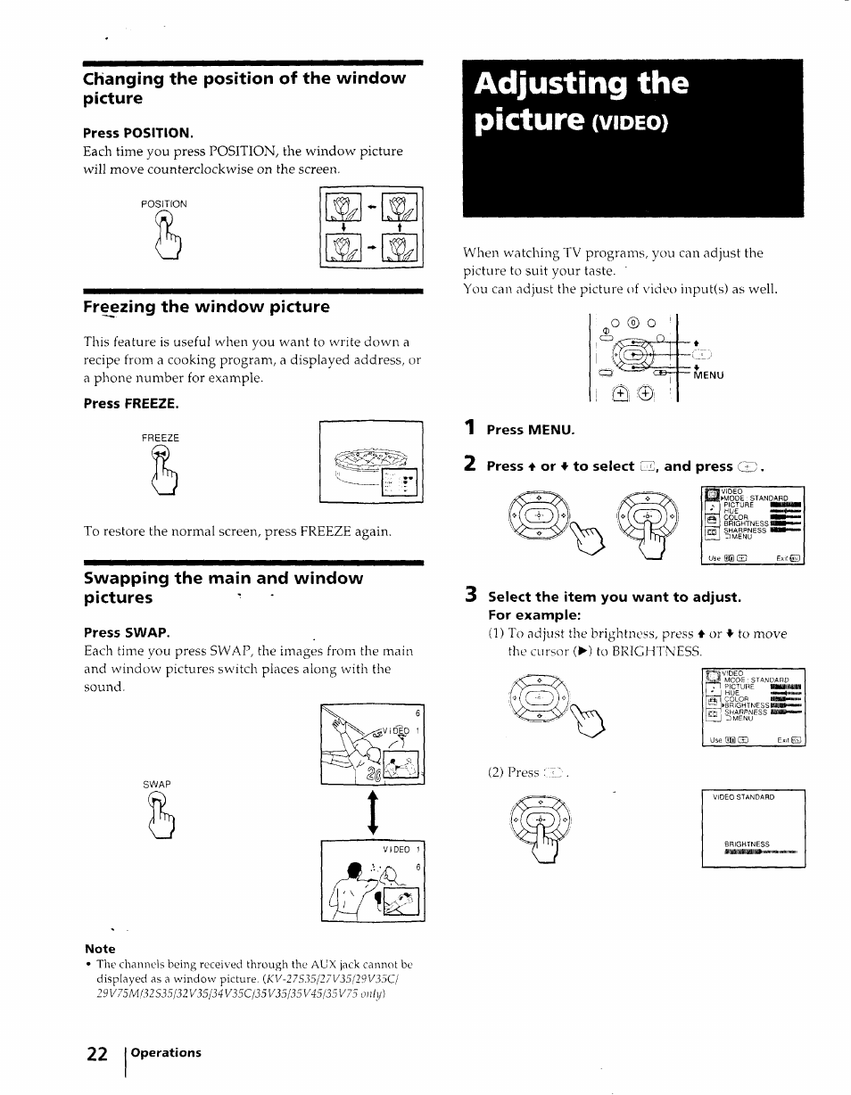 Freezing the window picture, Press freeze, Swapping the main and window pictures | Press swap, 1 press menu, 2 press or to select gic, and press, 3 select the item you want to adjust, For example, O ® o | Sony KV-27S25 User Manual | Page 22 / 42