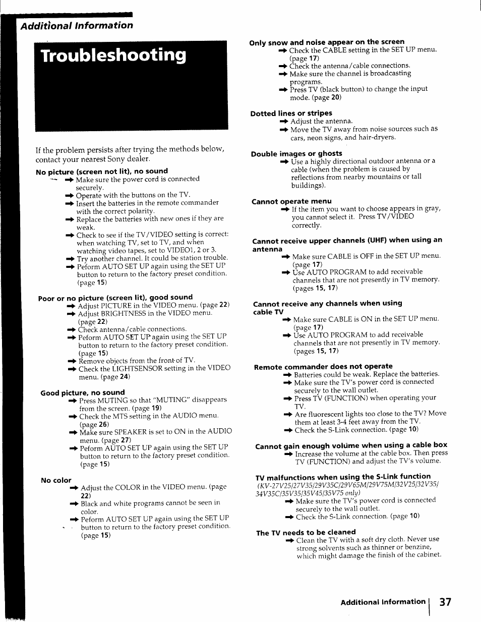 Troubleshooting, Additional information | Sony KV-27S25 User Manual | Page 37 / 42