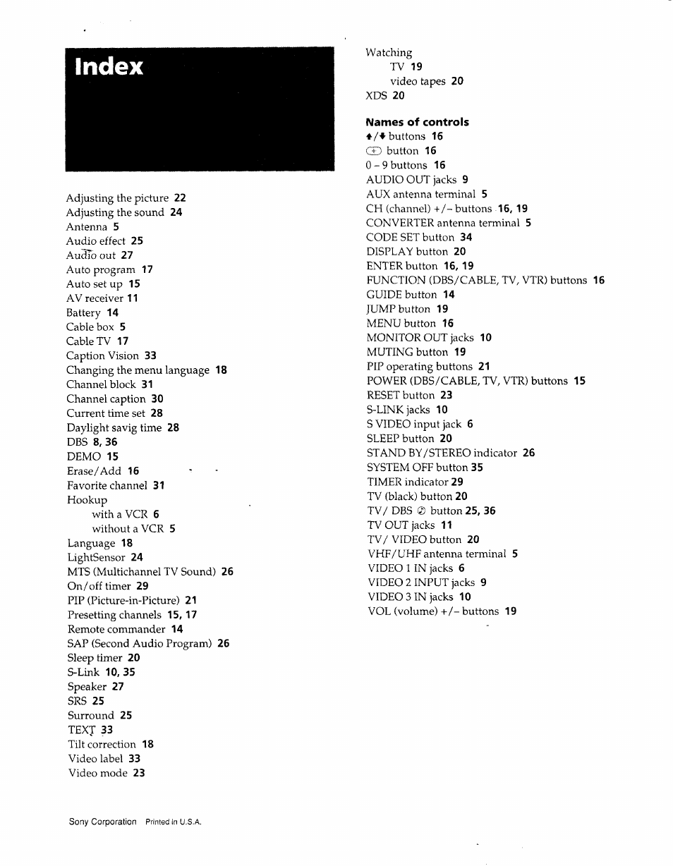 Names of controls, Index | Sony KV-27S25 User Manual | Page 40 / 42
