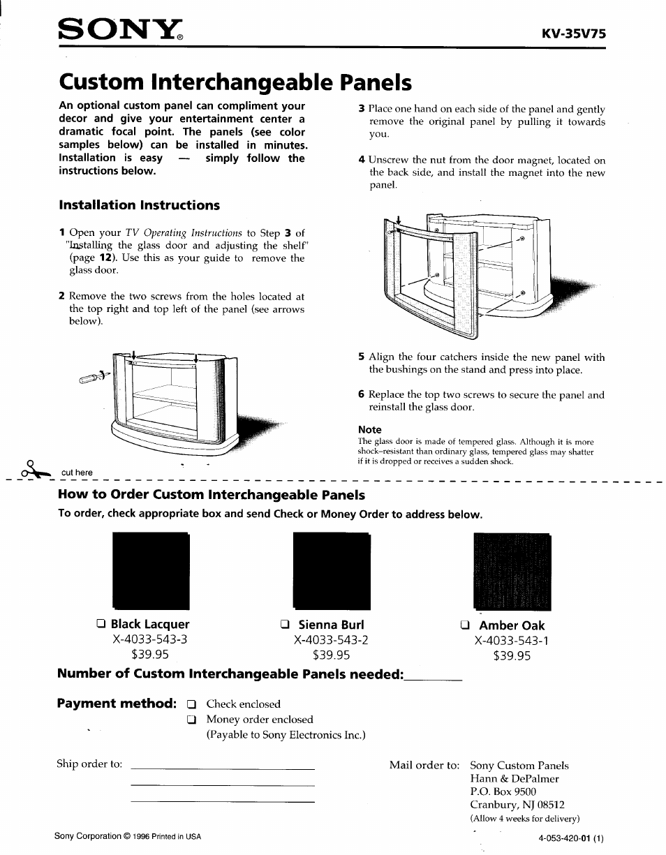 Installation instructions, How to order custom interchangeable panels, Black lacquer | Sienna burl, Amber oak, Number of custom interchangeable panels needed, Custom interchangeable panels | Sony KV-27S25 User Manual | Page 42 / 42