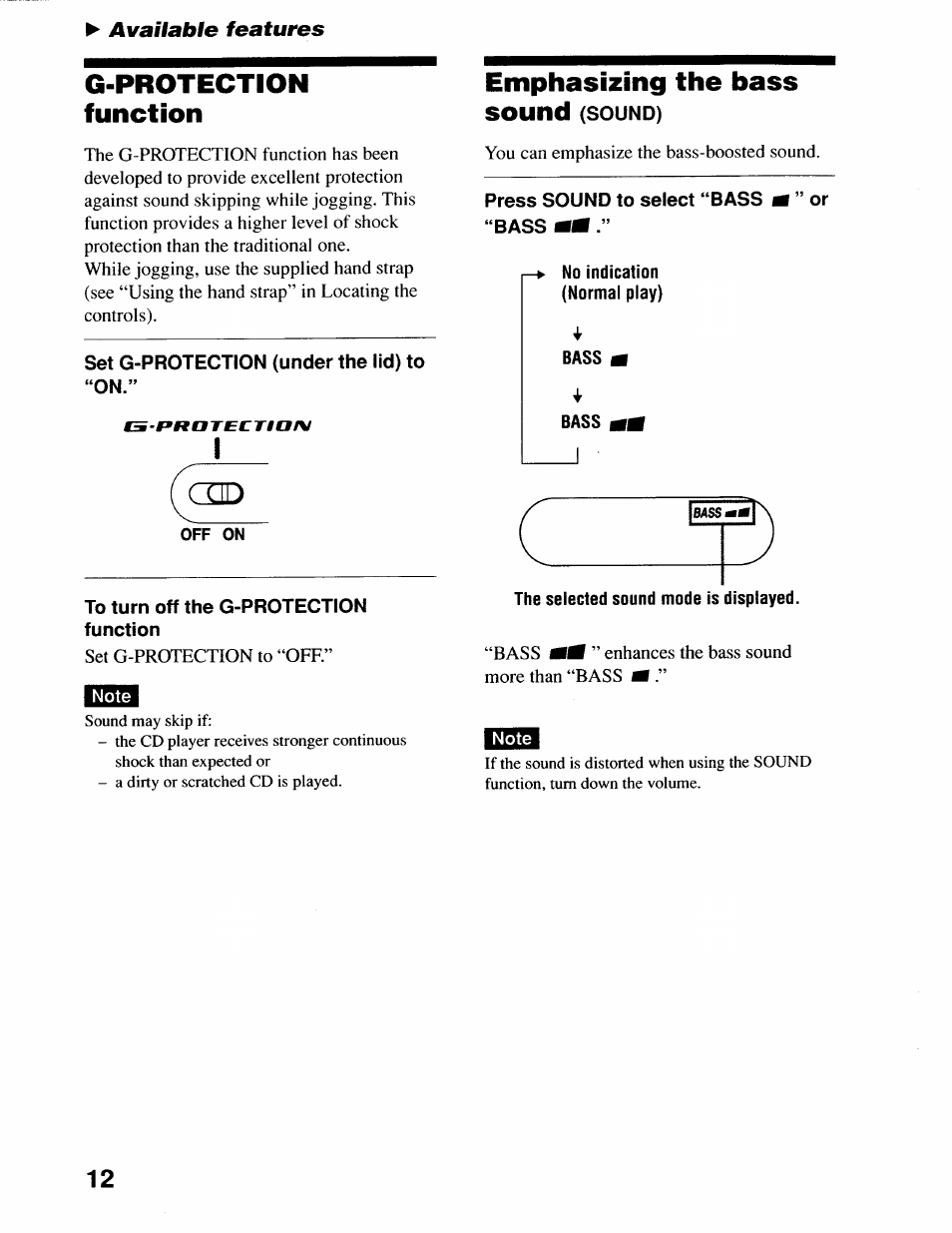 Set g-protection (under the lid) to “on, To turn off the g-protection function, Press sound to select “bass m ” or “bass mm | No indication (normal play), Bass m, Bass mm, The selected sound mode is displayed, G-protection function, Emphasizing the bass sound | Sony D-SJ17CK User Manual | Page 12 / 28