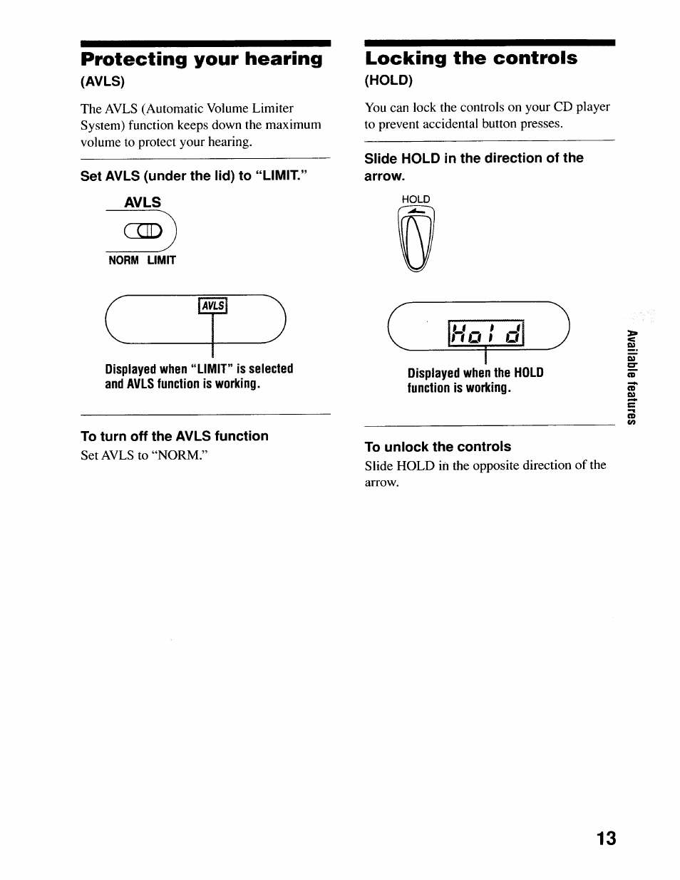 Protecting your hearing, Locking the controls, Locating the controls | Protecting your hearing (avls) | Sony D-SJ17CK User Manual | Page 13 / 28