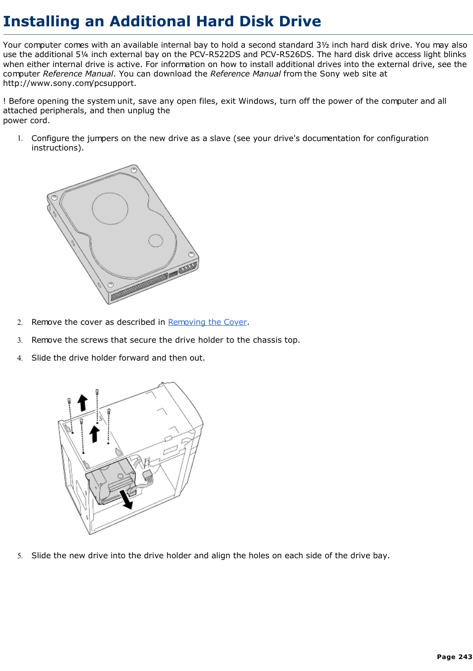 Installing an additional hard disk drive | Sony PCV-R522DS User Manual | Page 243 / 245