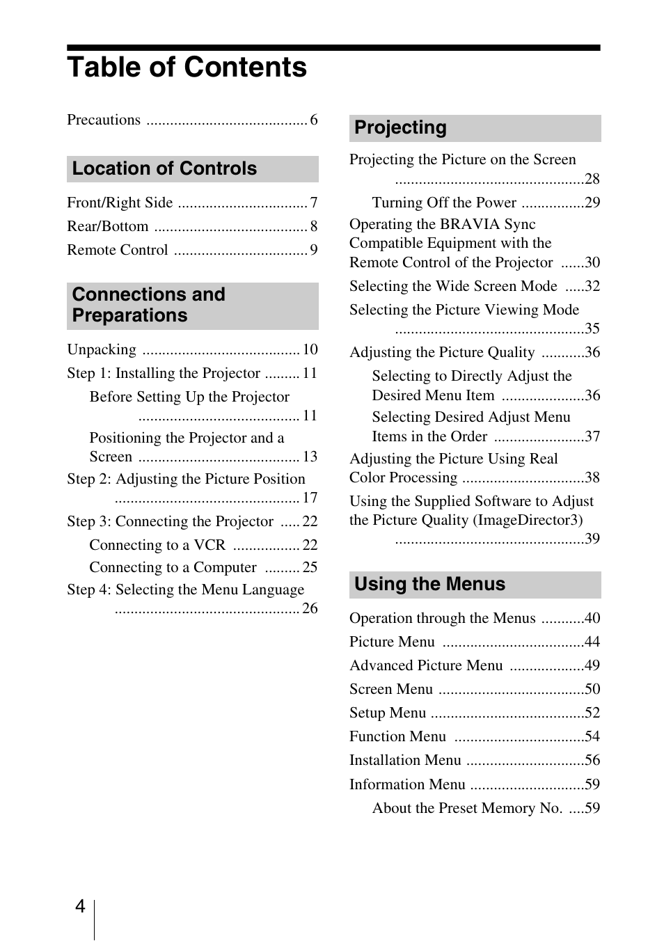 Sony VPL-VW85 User Manual | Page 4 / 86