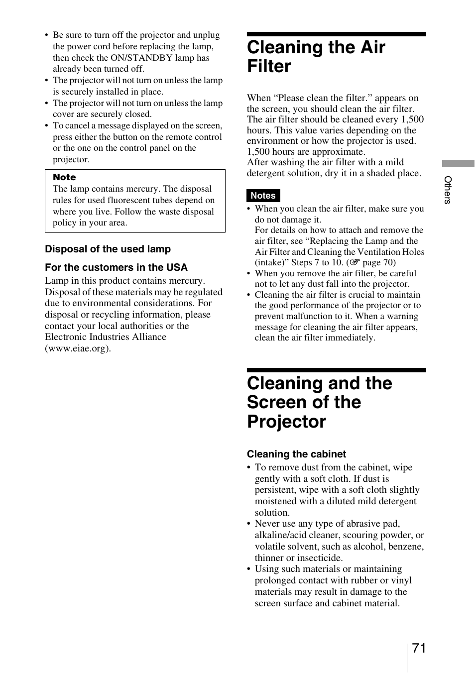 Cleaning the air filter, Cleaning and the screen of the projector | Sony VPL-VW85 User Manual | Page 71 / 86