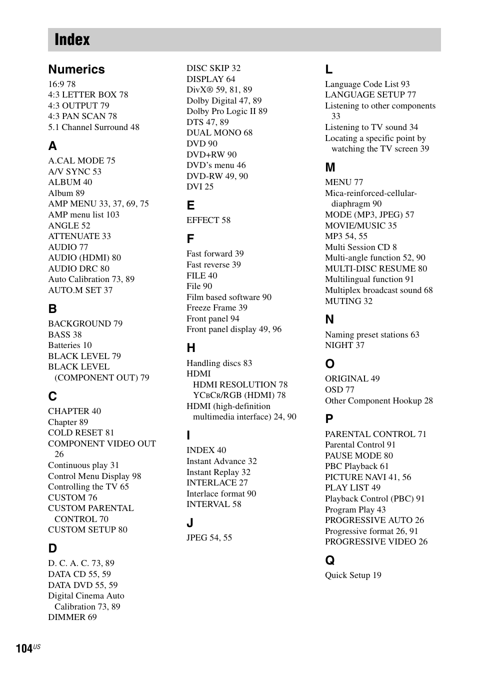 Index, Numerics | Sony DAV-X1V User Manual | Page 104 / 107
