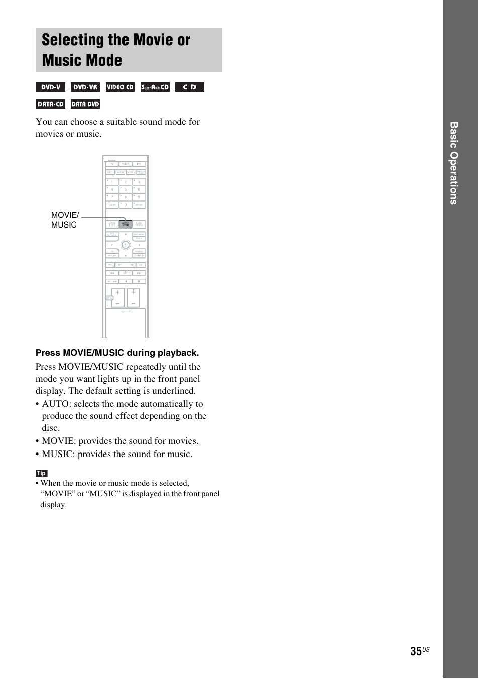 Selecting the movie or music mode, Selecting the movie or music, Mode | Sony DAV-X1V User Manual | Page 35 / 107