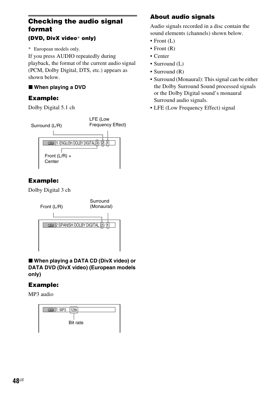 Checking the audio signal format | Sony DAV-X1V User Manual | Page 48 / 107