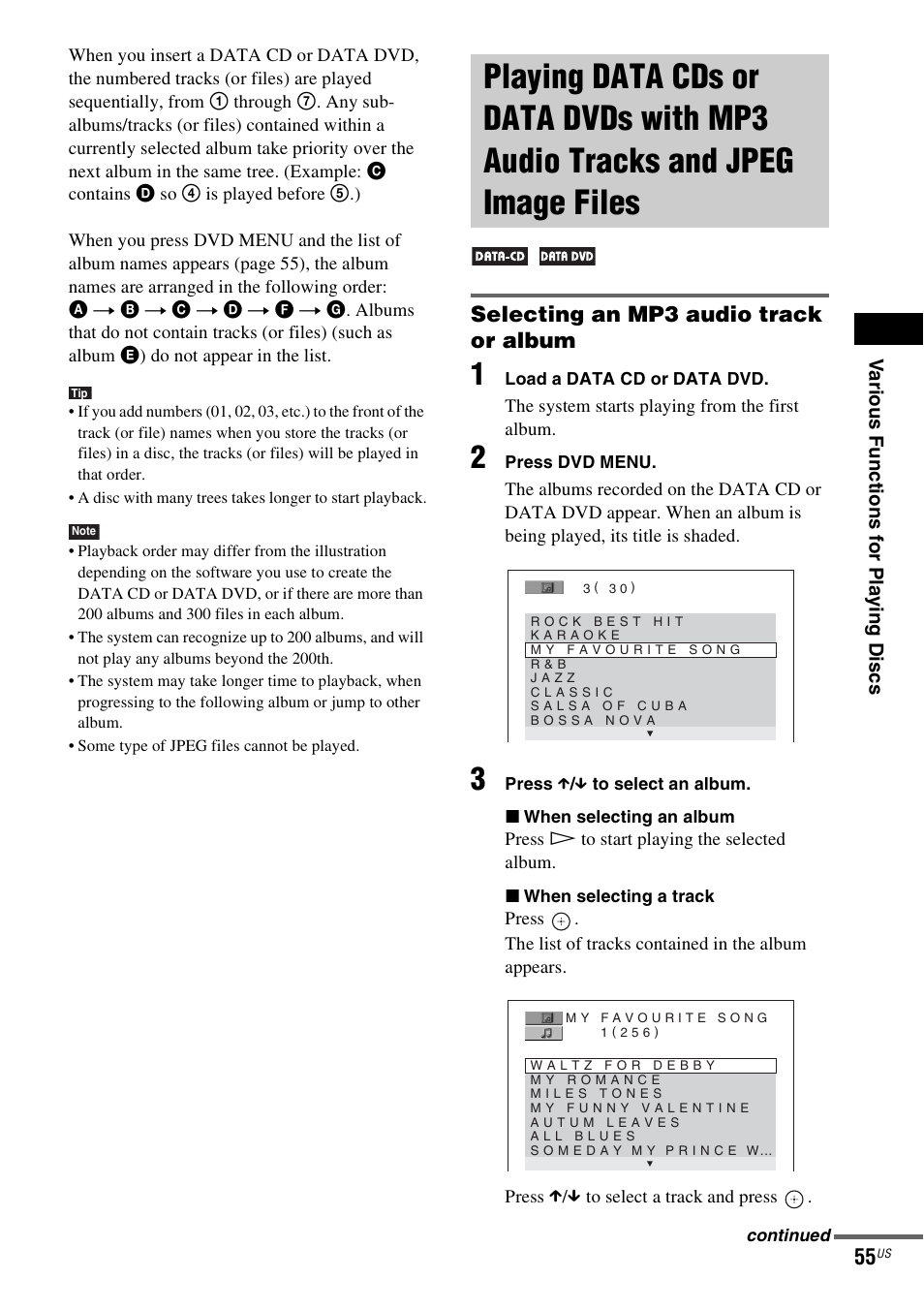 Selecting an mp3 audio track or album, Playing data cds or data dvds with, Mp3 audio tracks and jpeg image files | Sony DAV-X1V User Manual | Page 55 / 107