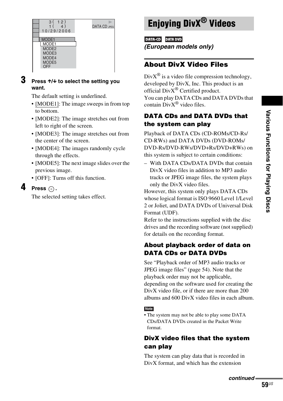 Enjoying divx® videos, About divx video files, Enjoying divx® v | European models only), Enjoying divx, Videos | Sony DAV-X1V User Manual | Page 59 / 107