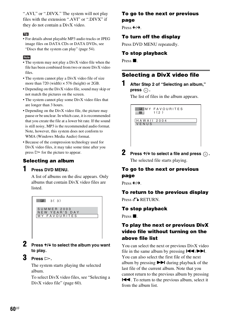 Selecting a divx video file | Sony DAV-X1V User Manual | Page 60 / 107