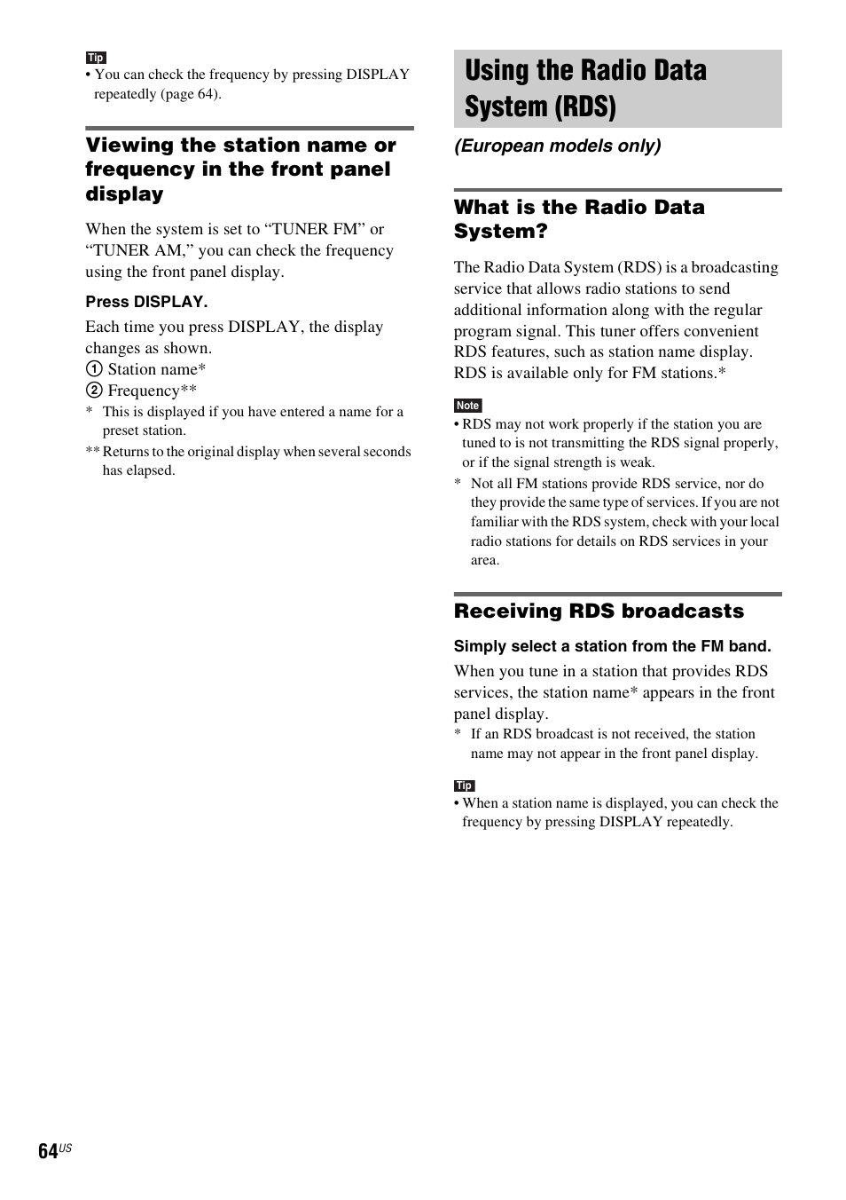 Using the radio data system (rds), What is the radio data system, Receiving rds broadcasts | European models only) | Sony DAV-X1V User Manual | Page 64 / 107