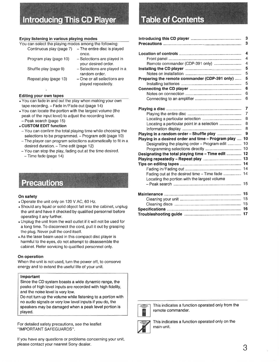 Introducing this cd player table of contents, Precautions | Sony CDP-391 User Manual | Page 3 / 17