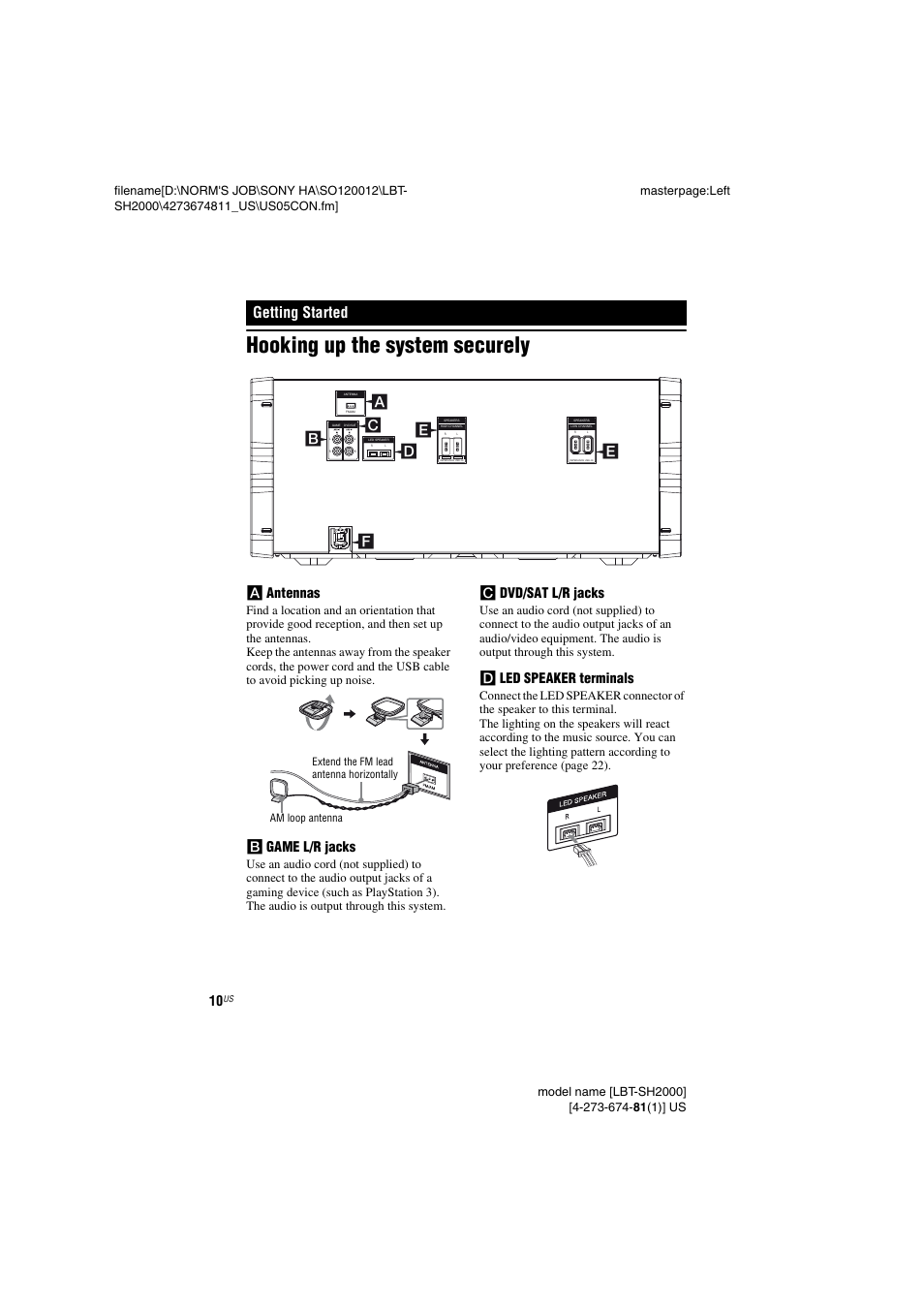 Getting started, Hooking up the system securely, A antennas | B game l/r jacks, C dvd/sat l/r jacks, D led speaker terminals | Sony LBT-SH2000 User Manual | Page 10 / 72