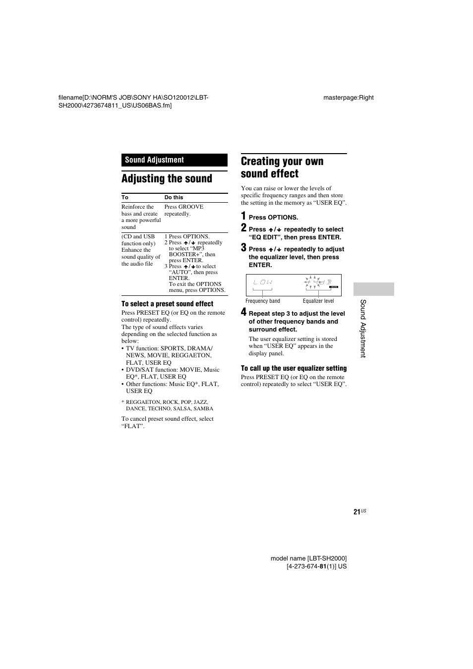 Sound adjustment, Adjusting the sound, Creating your own sound effect | Sony LBT-SH2000 User Manual | Page 21 / 72