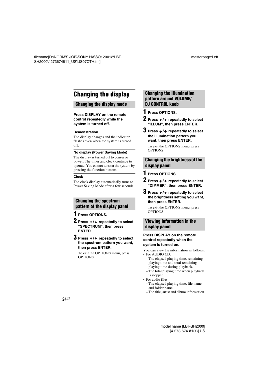 Changing the display | Sony LBT-SH2000 User Manual | Page 24 / 72
