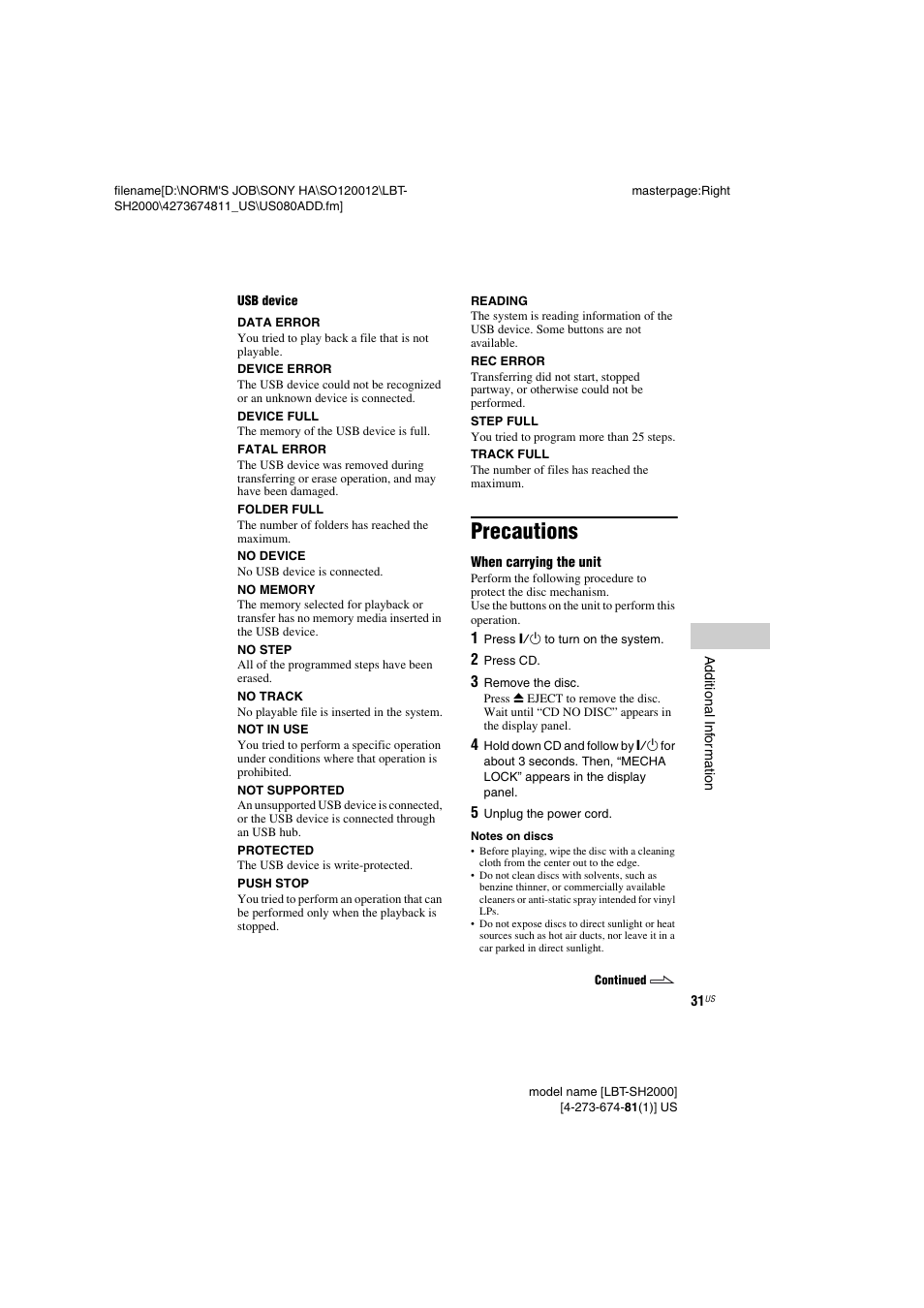 Precautions | Sony LBT-SH2000 User Manual | Page 31 / 72