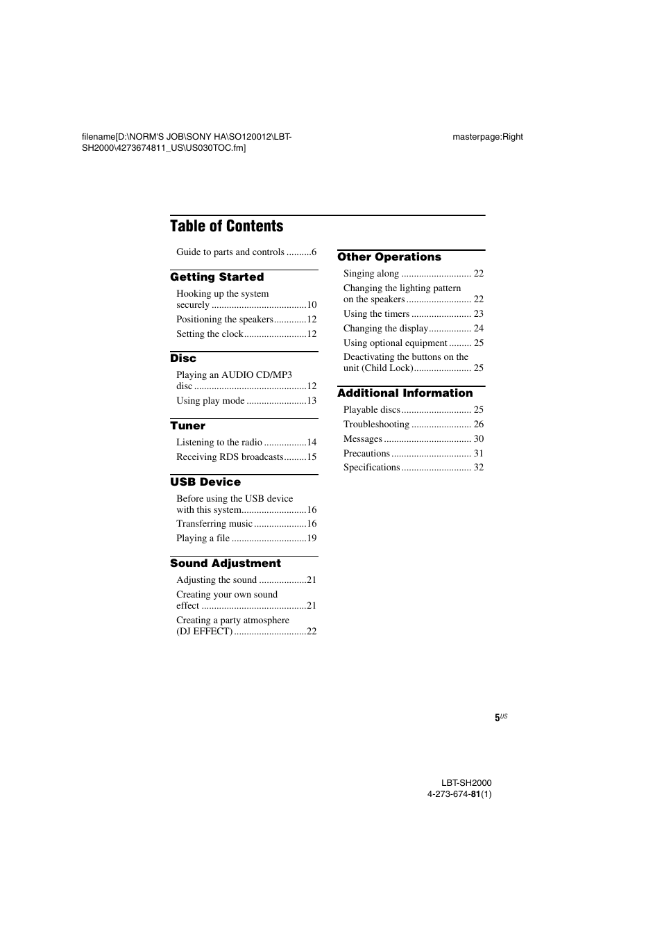 Sony LBT-SH2000 User Manual | Page 5 / 72