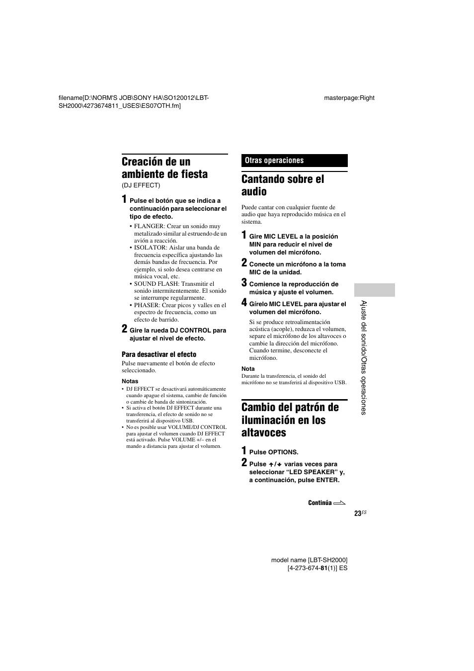Creación de un ambiente de fiesta (dj effect), Otras operaciones, Cantando sobre el audio | Cambio del patrón de iluminación en los altavoces, Creación de un ambiente de fiesta | Sony LBT-SH2000 User Manual | Page 55 / 72