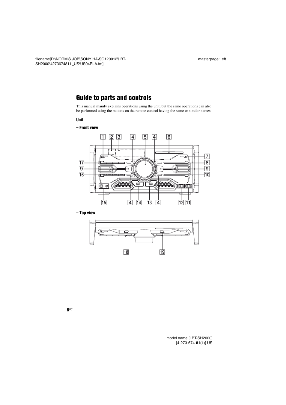 Guide to parts and controls | Sony LBT-SH2000 User Manual | Page 6 / 72
