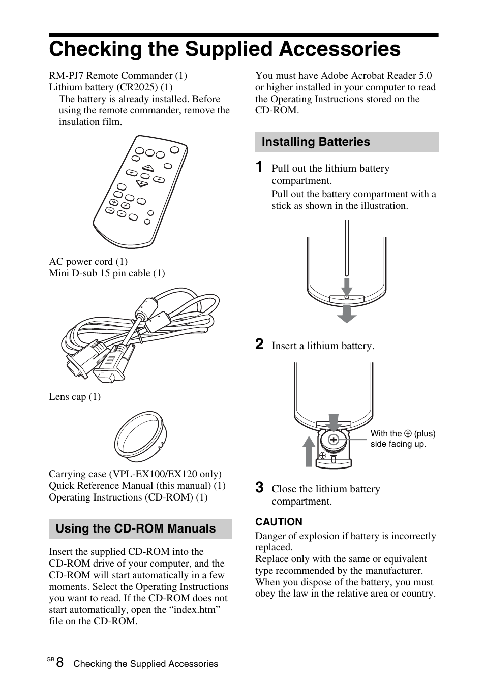 Checking the supplied accessories, Using the cd-rom manuals, Installing batteries | Sony VPL-EX100 User Manual | Page 28 / 116