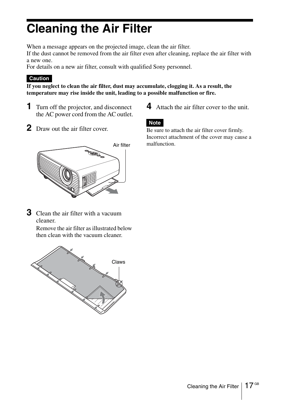 Cleaning the air filter | Sony VPL-EX100 User Manual | Page 37 / 116