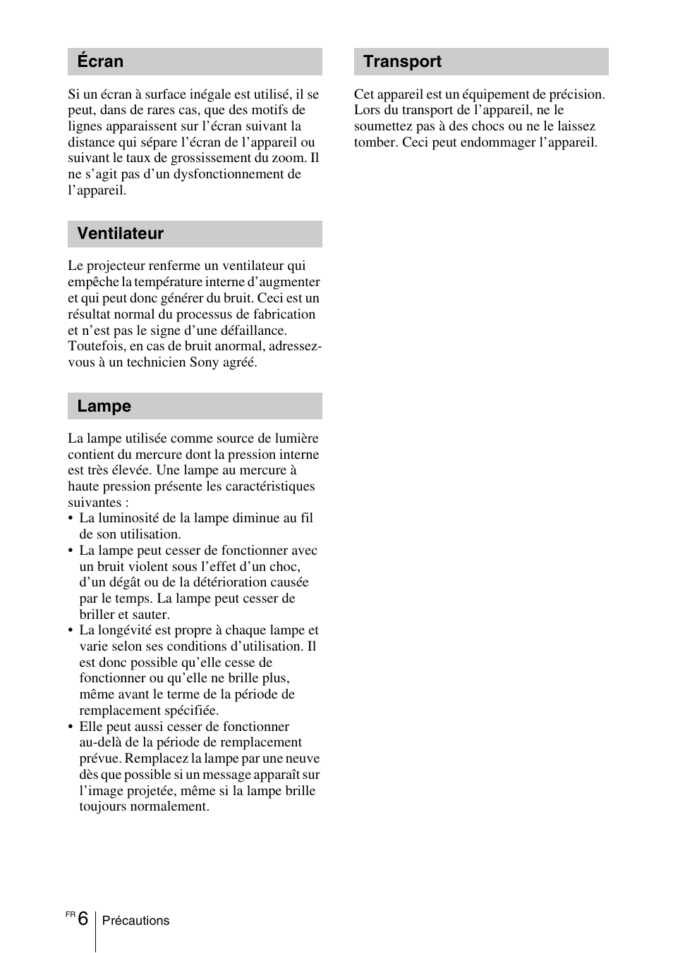 Écran, Ventilateur, Lampe | Transport | Sony VPL-EX100 User Manual | Page 42 / 116