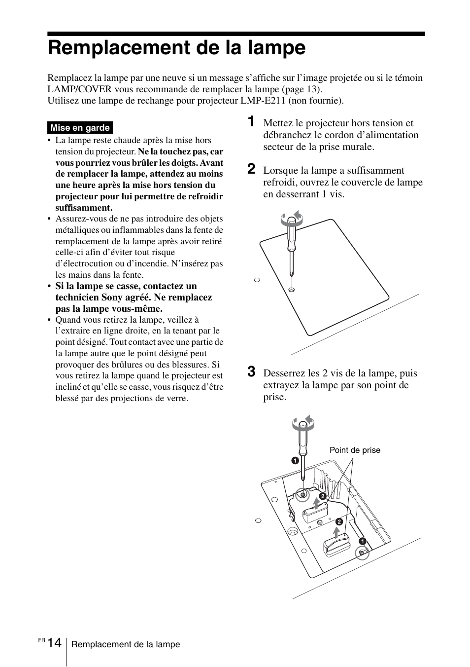 Remplacement de la lampe | Sony VPL-EX100 User Manual | Page 50 / 116