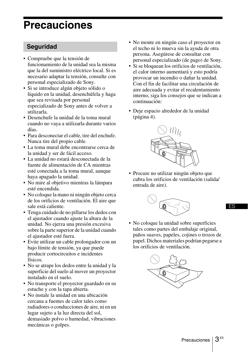 Precauciones, Seguridad | Sony VPL-EX100 User Manual | Page 55 / 116