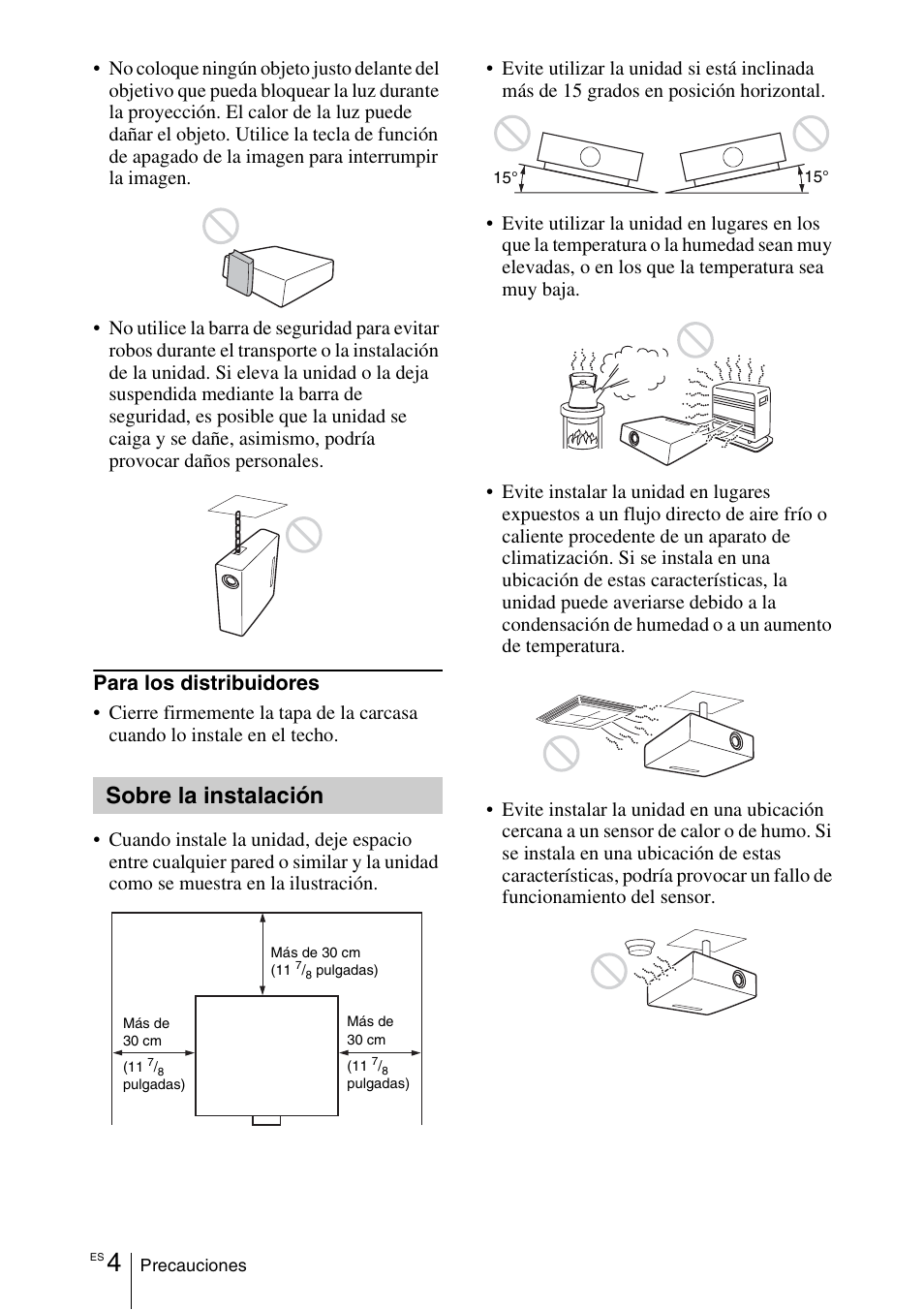 Sobre la instalación, Para los distribuidores | Sony VPL-EX100 User Manual | Page 56 / 116