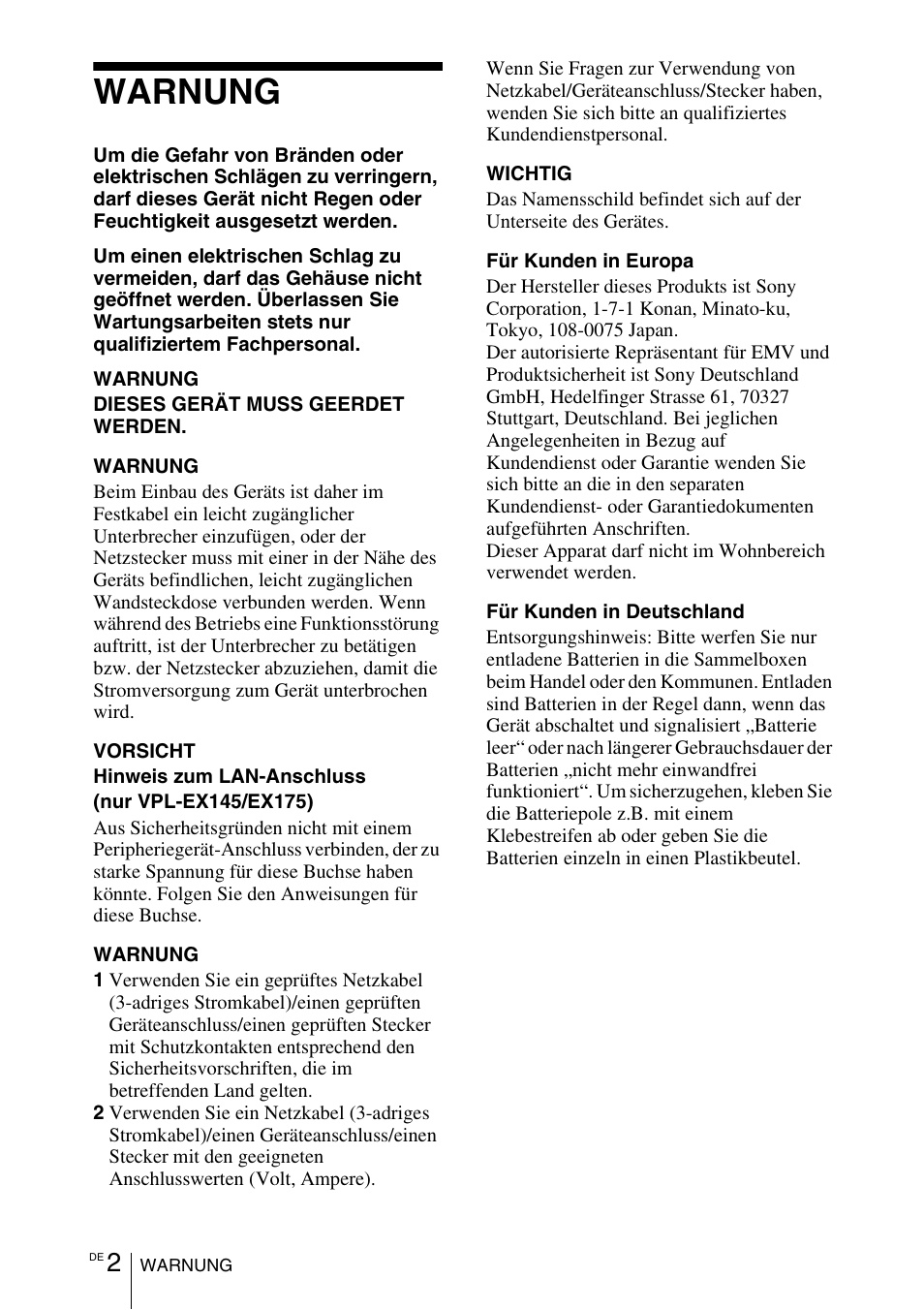 Warnung | Sony VPL-EX100 User Manual | Page 70 / 116