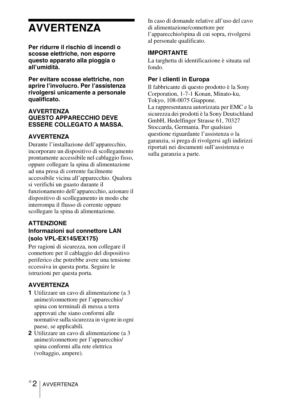 Avvertenza | Sony VPL-EX100 User Manual | Page 86 / 116
