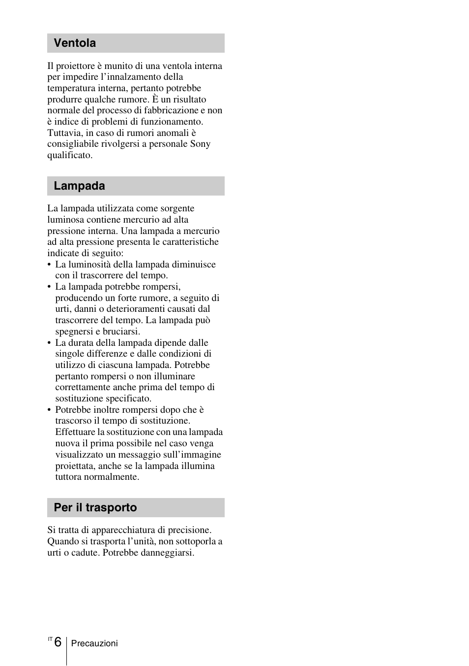 Ventola, Lampada, Per il trasporto | Sony VPL-EX100 User Manual | Page 90 / 116