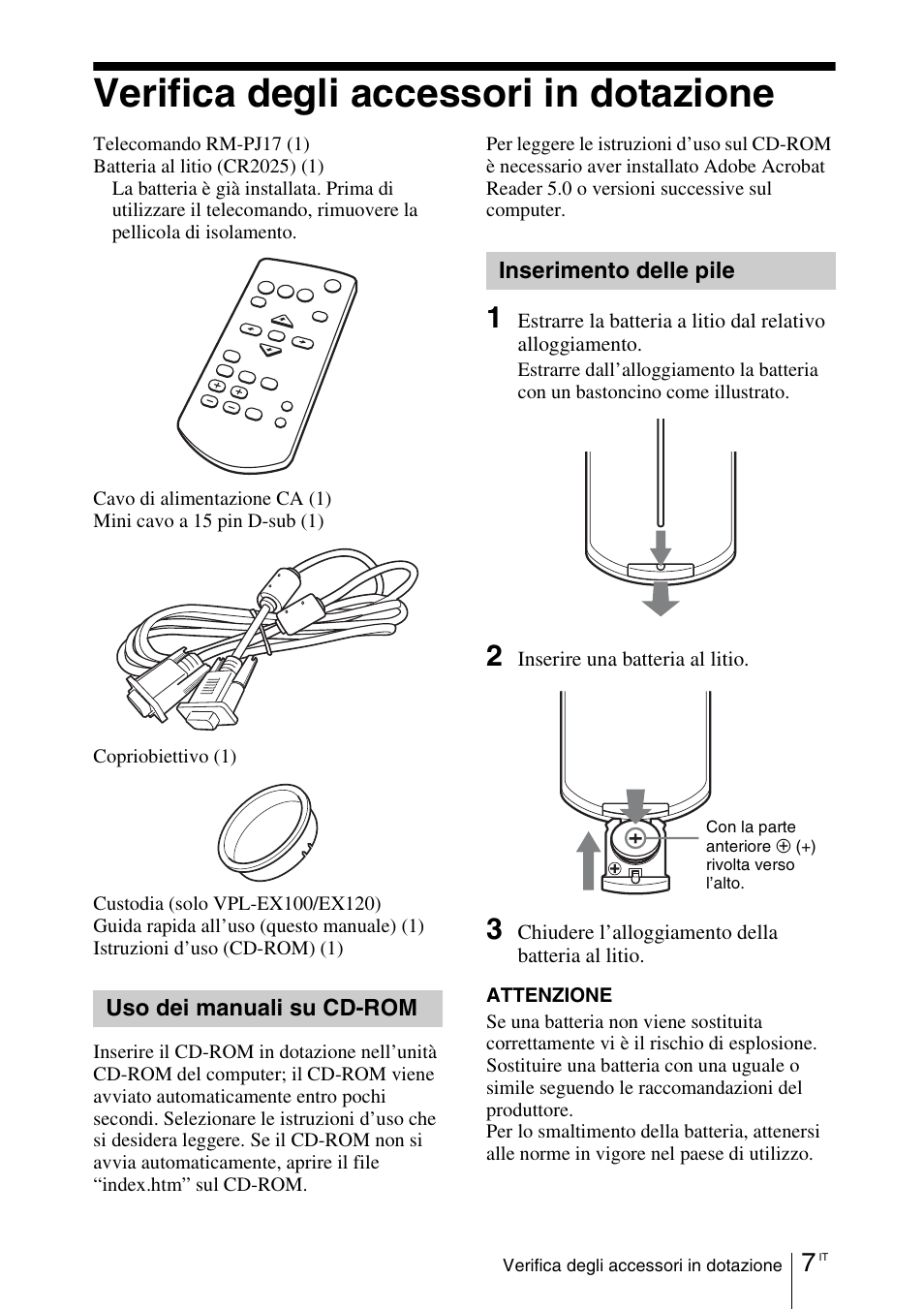 Verifica degli accessori in dotazione, Uso dei manuali su cd-rom, Inserimento delle pile | Sony VPL-EX100 User Manual | Page 91 / 116