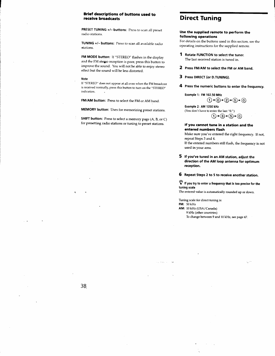 1 rotate function to select the tuner, 2 press fm/am to select the fm or am band, 3 press direct (or d.tuning) | Example 2; am 1350 khz, 6 repeat steps 2 to 5 to receive another station, Direct tuning | Sony STR-DA50ES User Manual | Page 38 / 51
