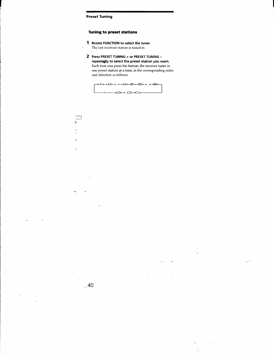 Preset tuning, Tuning to preset stations, 1 rotate function to select the tuner | Sony STR-DA50ES User Manual | Page 40 / 51