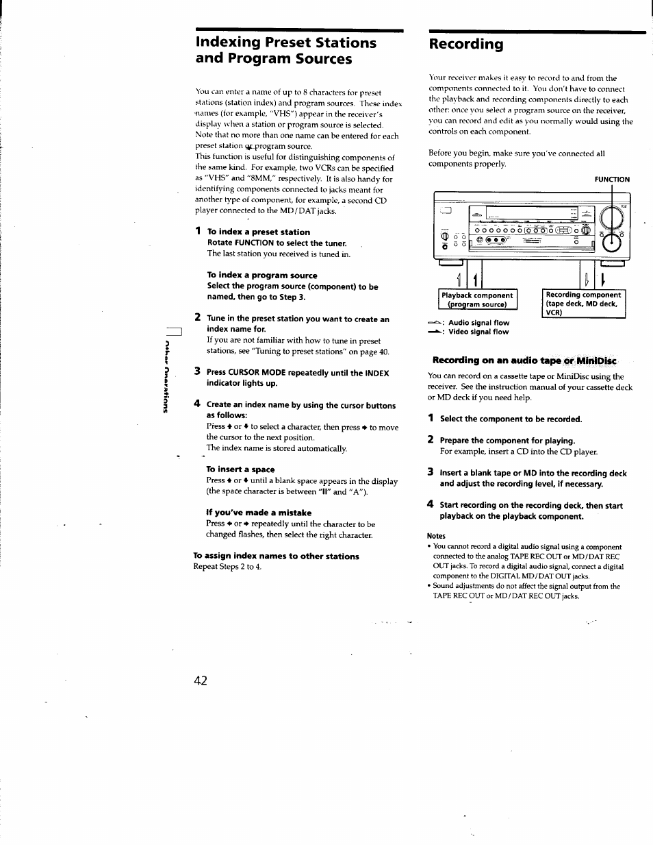 Indexing preset stations and program sources, Recording, Recording on an audio tape or minioisc | Sony STR-DA50ES User Manual | Page 42 / 51