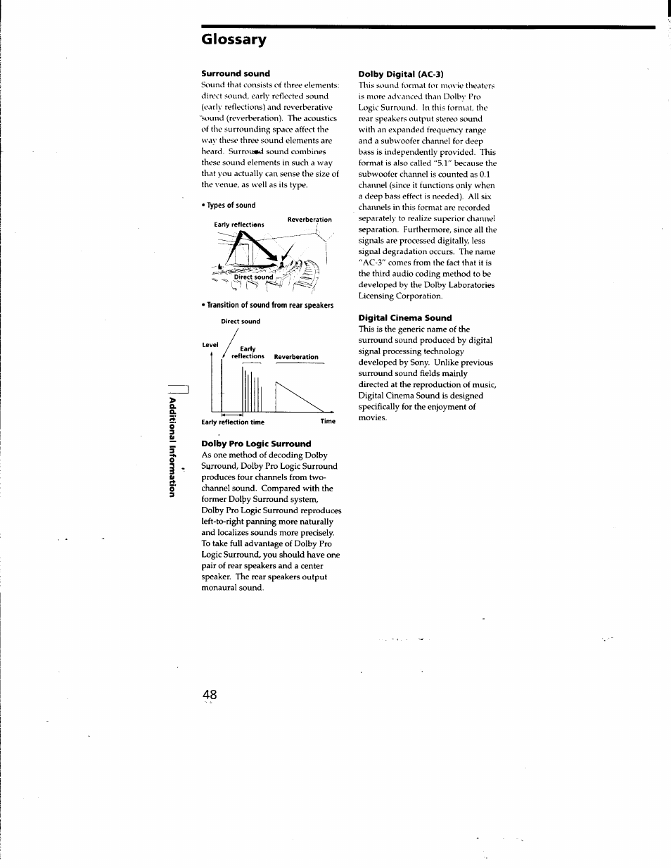 Glossary, Surround sound, Dolby pro logic surround | Dolby digital (ac-3), Digital cinema sound | Sony STR-DA50ES User Manual | Page 48 / 51