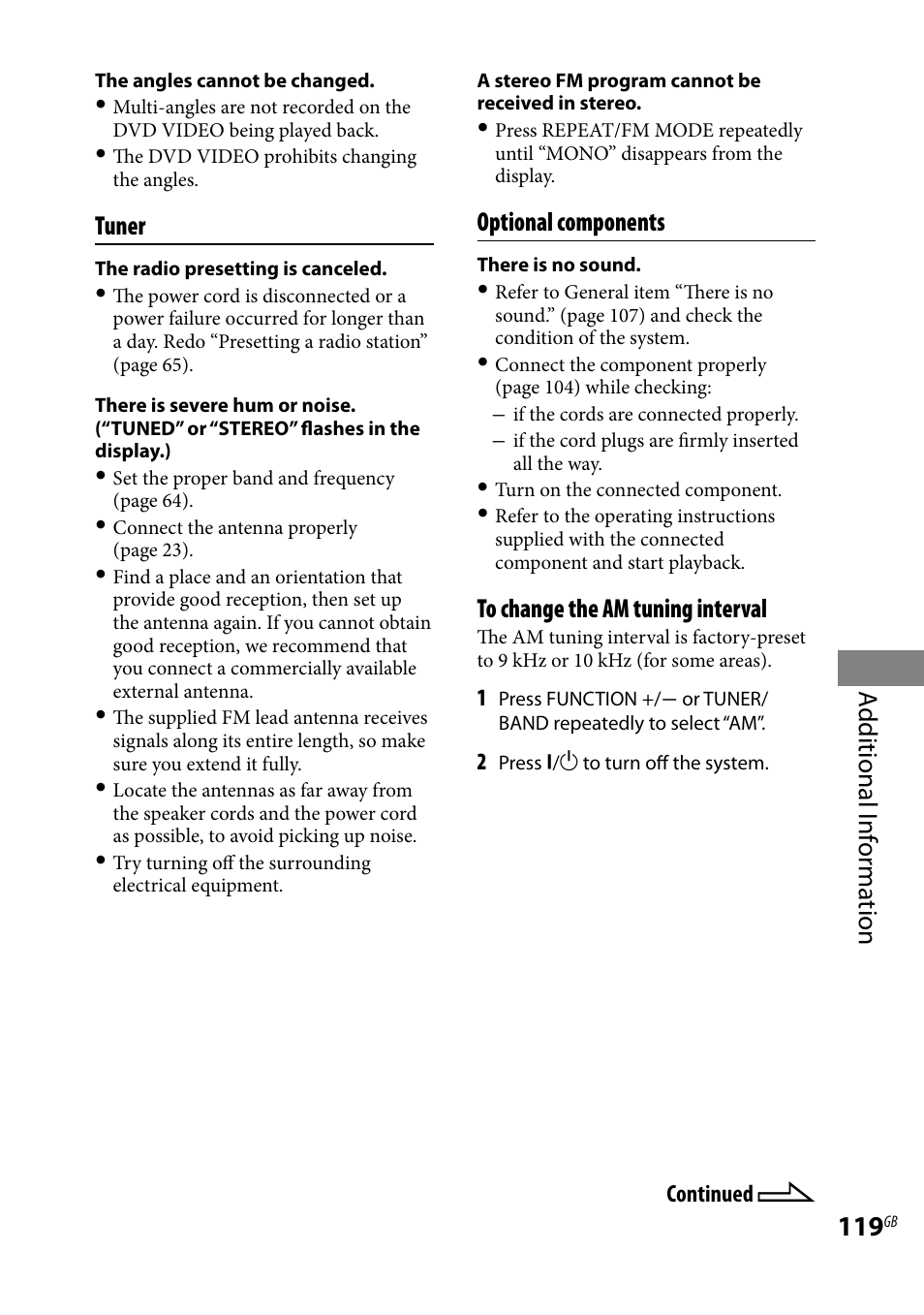 Additional i nf or ma tion, Tuner, Optional components | Sony LBT-LCD7Di User Manual | Page 119 / 147