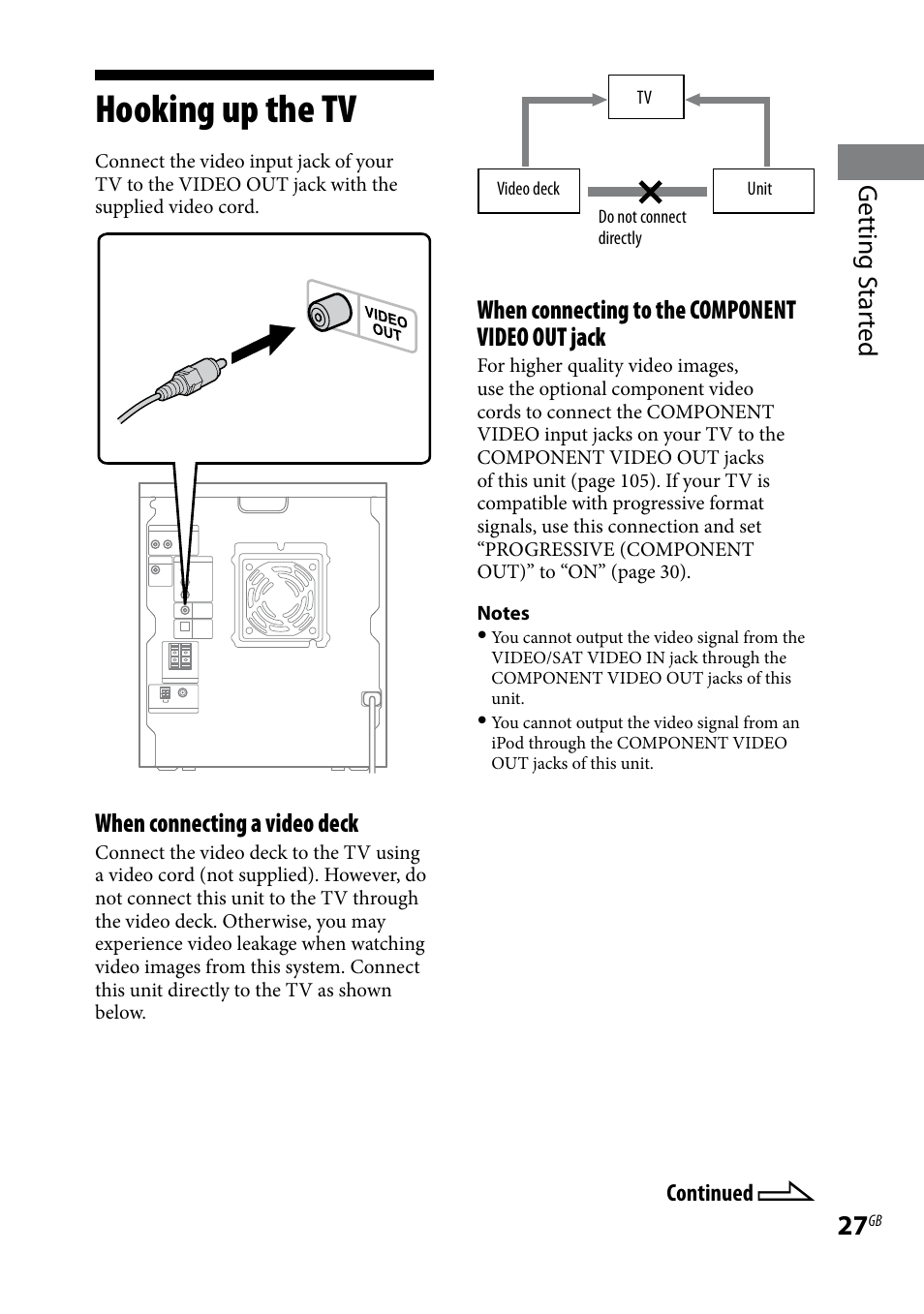 Hooking up the tv, Getting s tar ted, When connecting a video deck | When connecting to the component video out jack | Sony LBT-LCD7Di User Manual | Page 27 / 147