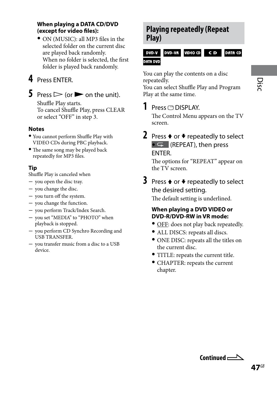 Playing repeatedly (repeat play), Disc | Sony LBT-LCD7Di User Manual | Page 47 / 147