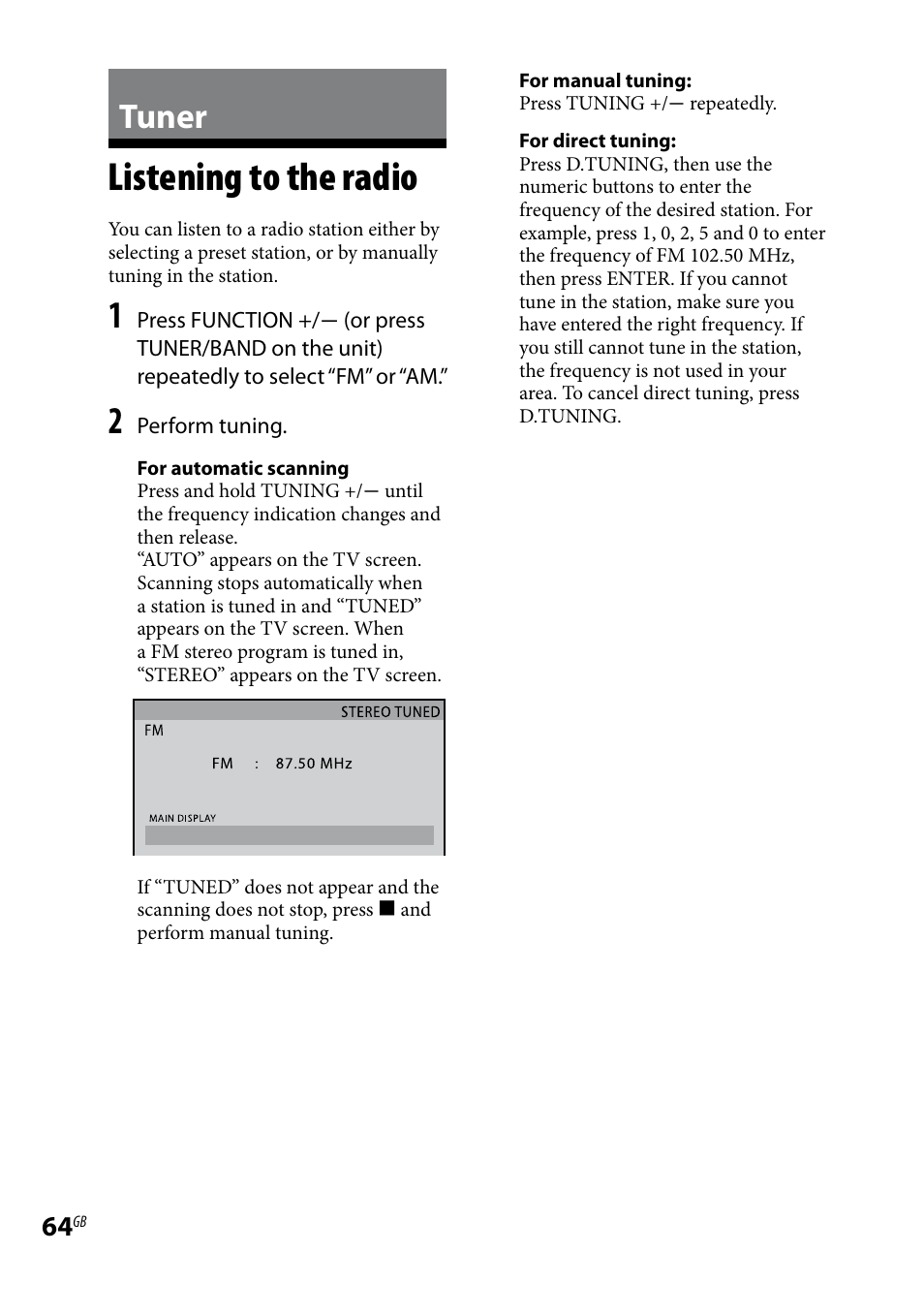 Tuner, Listening to the radio | Sony LBT-LCD7Di User Manual | Page 64 / 147