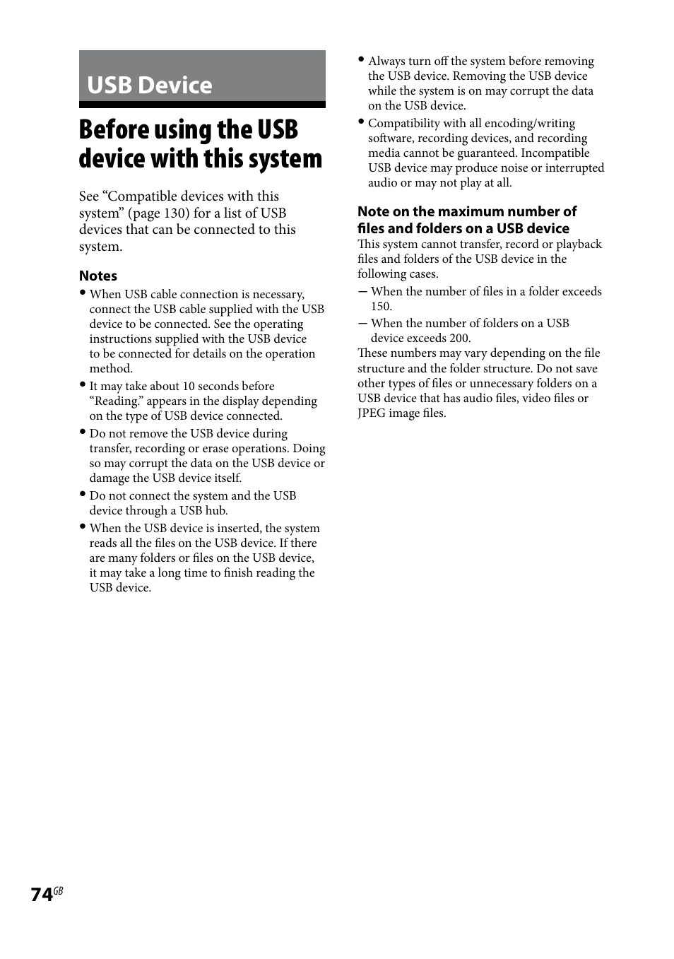 Usb device, Before using the usb device with this system, Before using the usb device with | This system | Sony LBT-LCD7Di User Manual | Page 74 / 147