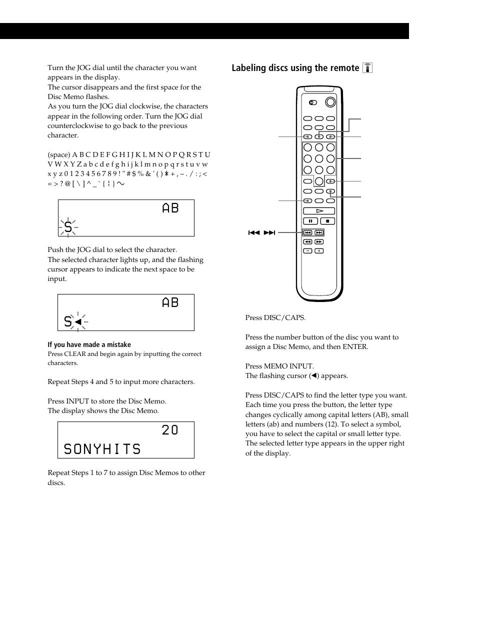 Storing information about cds (custom files) 4, Labeling discs using the remote z 1 | Sony CDP-CX235 User Manual | Page 19 / 28