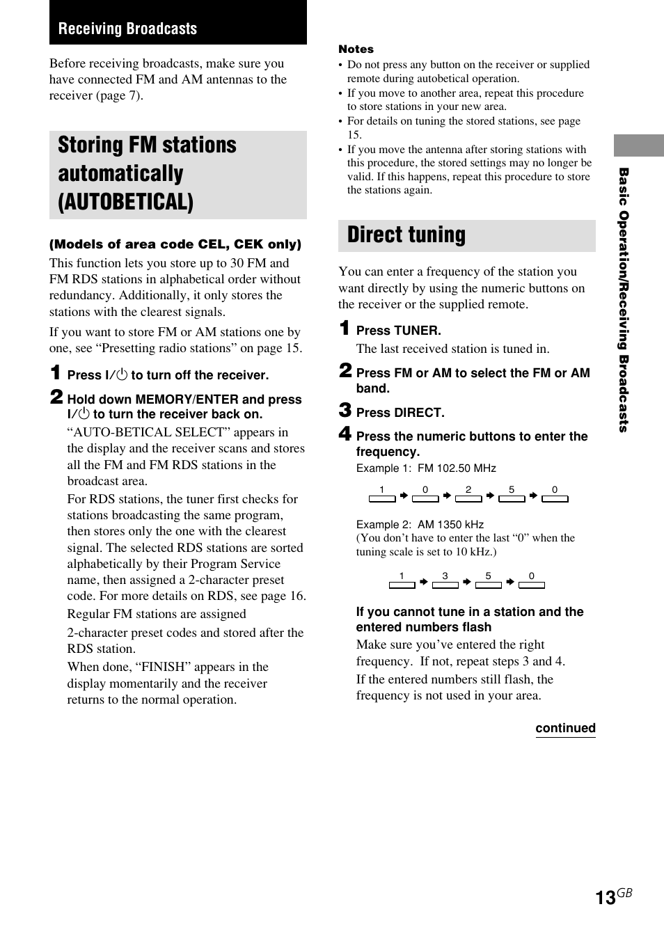 Storing fm stations automatically (autobetical), Direct tuning | Sony STR-DE185 User Manual | Page 13 / 28