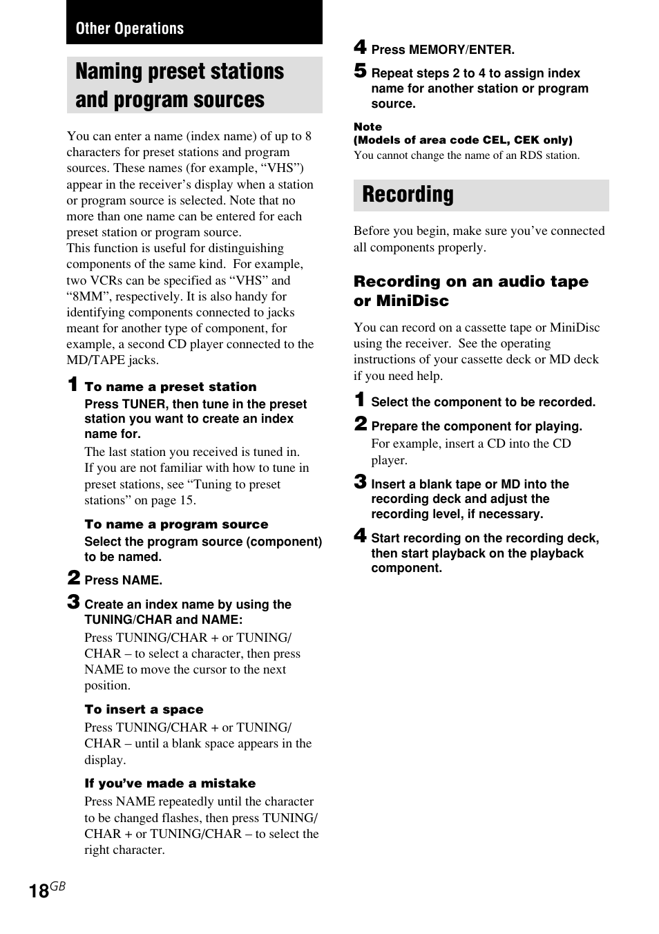 Naming preset stations and program sources, Recording | Sony STR-DE185 User Manual | Page 18 / 28