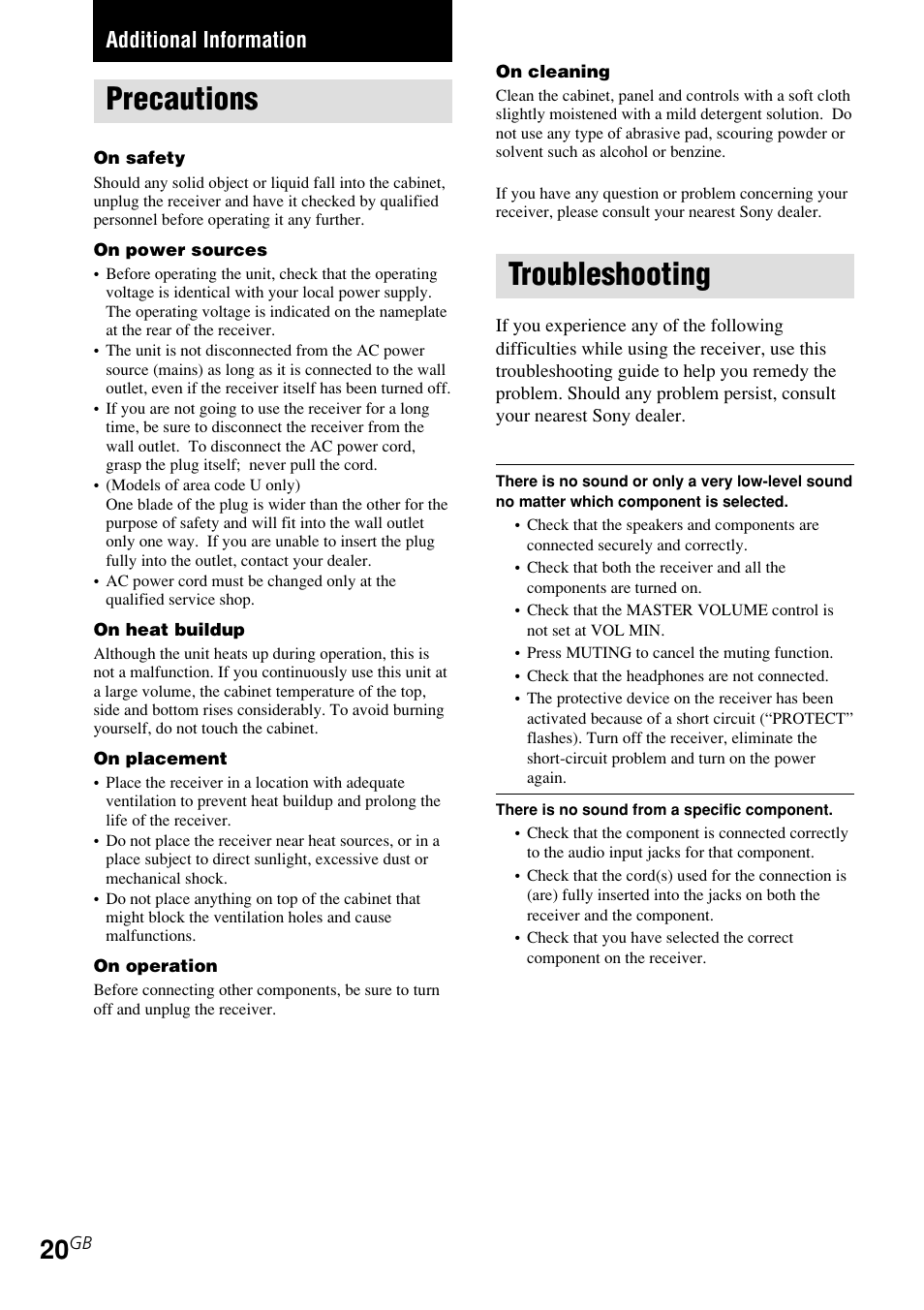 Precautions, Troubleshooting, Additional information | Sony STR-DE185 User Manual | Page 20 / 28
